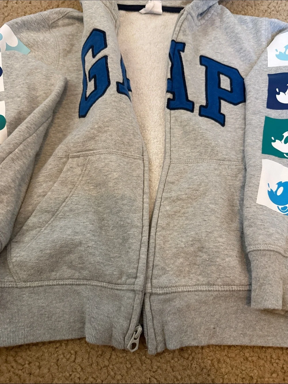 GAP x Disney Light Gray Hoodie with Blue Logo and Multicolor Mickey Panels